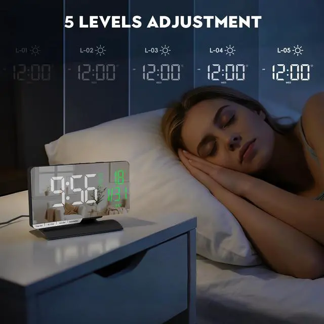 Alt view image 2 of 7 - Digital Clock,Alarm Clock Bedside,7.3'' Large LED Mirror with Date Display,Temperature,Dual Alarm with 3 Mode,Brightnee Adjust,DST,USB C Charging Port,5 Levels Volume for Desk Bedroom Teens