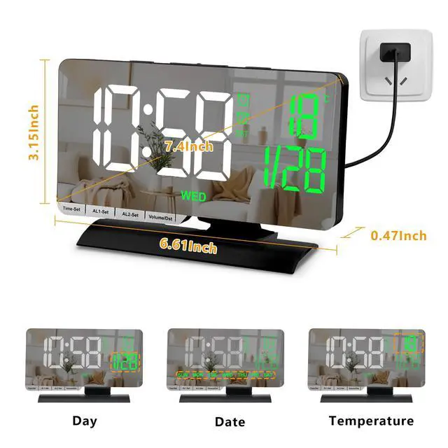 Alt view image 3 of 7 - Digital Clock,Alarm Clock Bedside,7.3'' Large LED Mirror with Date Display,Temperature,Dual Alarm with 3 Mode,Brightnee Adjust,DST,USB C Charging Port,5 Levels Volume for Desk Bedroom Teens