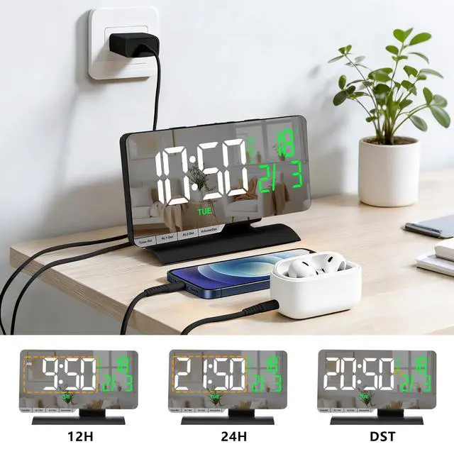 Alt view image 5 of 7 - Digital Clock,Alarm Clock Bedside,7.3'' Large LED Mirror with Date Display,Temperature,Dual Alarm with 3 Mode,Brightnee Adjust,DST,USB C Charging Port,5 Levels Volume for Desk Bedroom Teens