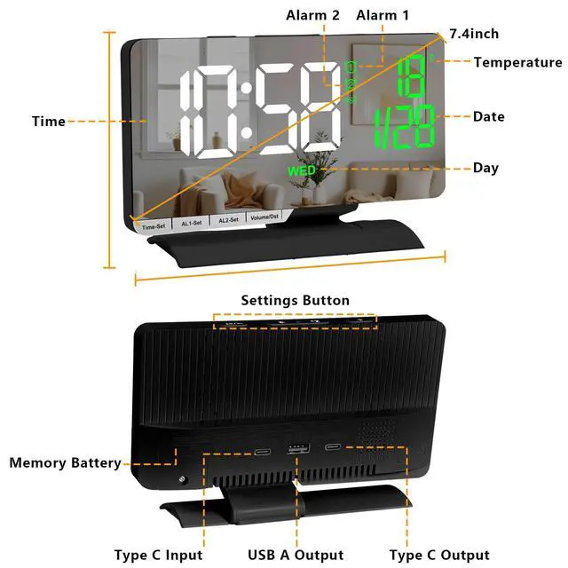 Alt view image 4 of 7 - Digital Clock,Alarm Clock Bedside,7.3'' Large LED Mirror with Date Display,Temperature,Dual Alarm with 3 Mode,Brightnee Adjust,DST,USB C Charging Port,5 Levels Volume for Desk Bedroom Teens