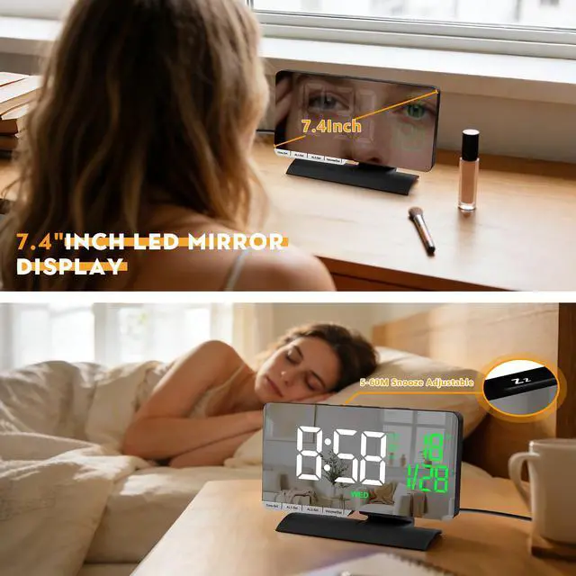 Alt view image 7 of 7 - Digital Clock,Alarm Clock Bedside,7.3'' Large LED Mirror with Date Display,Temperature,Dual Alarm with 3 Mode,Brightnee Adjust,DST,USB C Charging Port,5 Levels Volume for Desk Bedroom Teens
