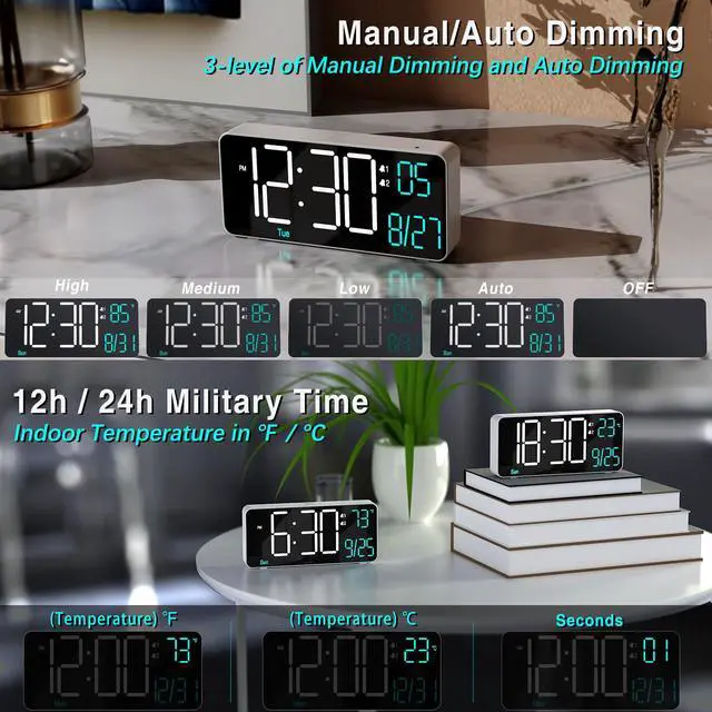 Alt view image 3 of 6 - Digital Alarm Clock for Bedroom,6.7in Small Digital Clock,Auto Dimming,Date,Day of Week,Seconds or Indoor Temp,LED Alarm Clocks for Living Room,White Desk Clocks for Bedrooms