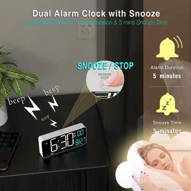 Alt view image 5 of 6 - Digital Alarm Clock for Bedroom,6.7in Small Digital Clock,Auto Dimming,Date,Day of Week,Seconds or Indoor Temp,LED Alarm Clocks for Living Room,White Desk Clocks for Bedrooms