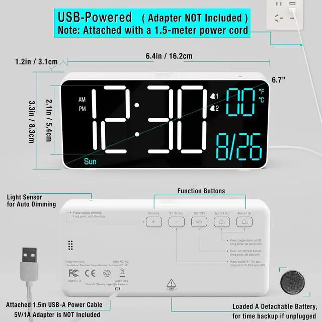 Alt view image 6 of 6 - Digital Alarm Clock for Bedroom,6.7in Small Digital Clock,Auto Dimming,Date,Day of Week,Seconds or Indoor Temp,LED Alarm Clocks for Living Room,White Desk Clocks for Bedrooms