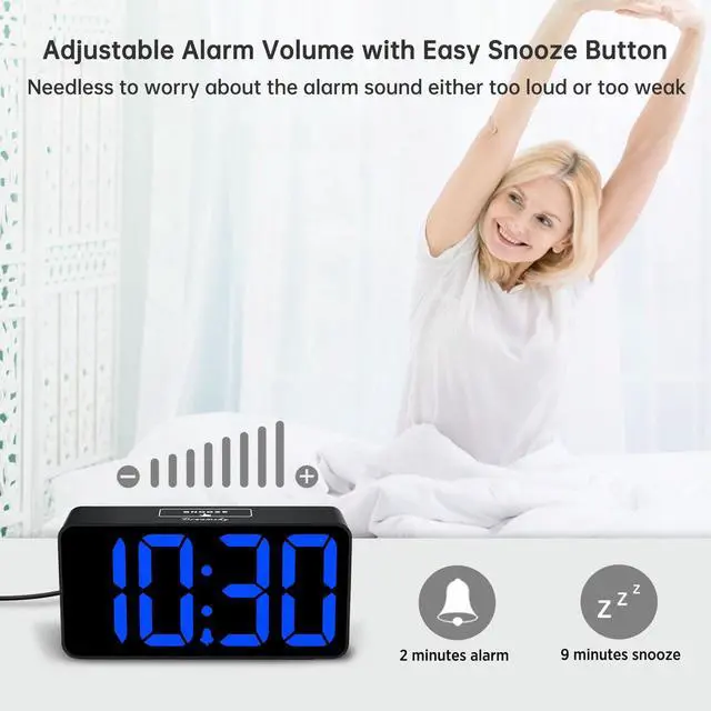 Alt view image 6 of 7 - Small Digital Alarm Clock for Bedroom, Large Big Numbers Display with Brightness Dimmer, Electric Bedside Desk Clock with USB Charging Port, Adjustable Alarm Volume, USB-C Adapter Powered
