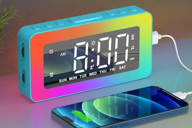 Main image of RGB Night Light Alarm Clock for Kids, Teenagers, Adults, Mirrored Clock with Dual Alarms, Snooze, LED Display, USB Charger, Small Dimmable Alarms for Bedtime