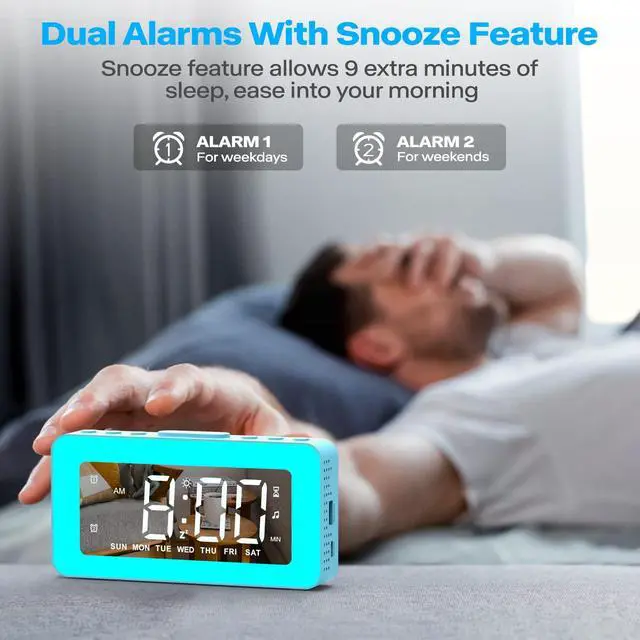Alt view image 3 of 7 - RGB Night Light Alarm Clock for Kids, Teenagers, Adults, Mirrored Clock with Dual Alarms, Snooze, LED Display, USB Charger, Small Dimmable Alarms for Bedtime