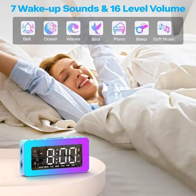 Alt view image 4 of 7 - RGB Night Light Alarm Clock for Kids, Teenagers, Adults, Mirrored Clock with Dual Alarms, Snooze, LED Display, USB Charger, Small Dimmable Alarms for Bedtime