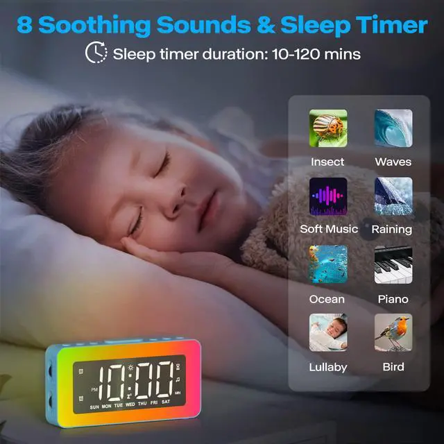 Alt view image 5 of 7 - RGB Night Light Alarm Clock for Kids, Teenagers, Adults, Mirrored Clock with Dual Alarms, Snooze, LED Display, USB Charger, Small Dimmable Alarms for Bedtime