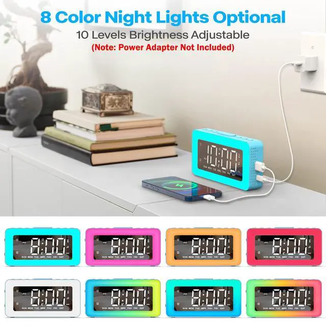 Alt view image 6 of 7 - RGB Night Light Alarm Clock for Kids, Teenagers, Adults, Mirrored Clock with Dual Alarms, Snooze, LED Display, USB Charger, Small Dimmable Alarms for Bedtime