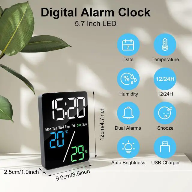 Alt view image 2 of 7 - 5.7" LED Digital Alarm Clock Bedside, Table Clocks with Dual Alarm, Date, Day, Temperature, DST, USB Charging, Snooze for Heavy Sleepers Elderly Bedroom Living Room Office