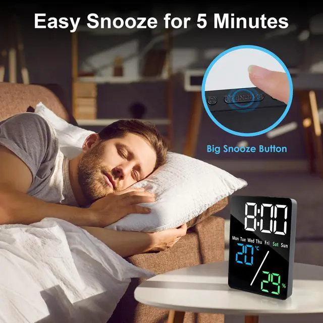 Alt view image 3 of 7 - 5.7" LED Digital Alarm Clock Bedside, Table Clocks with Dual Alarm, Date, Day, Temperature, DST, USB Charging, Snooze for Heavy Sleepers Elderly Bedroom Living Room Office