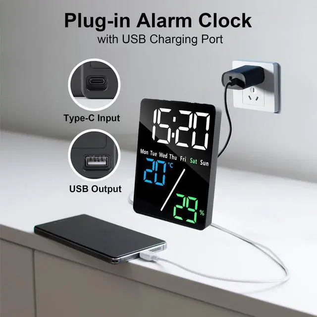 Alt view image 6 of 7 - 5.7" LED Digital Alarm Clock Bedside, Table Clocks with Dual Alarm, Date, Day, Temperature, DST, USB Charging, Snooze for Heavy Sleepers Elderly Bedroom Living Room Office