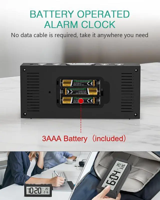 Alt view image 2 of 6 - Battery Operated Digital Clock, Digital Alarm Clocks for Bedrooms with Auto Dimmer, Large LCD Display, Indoor Temp & Date, Small Desk Clock for Kids, Teens, Seniors, Batteries Included