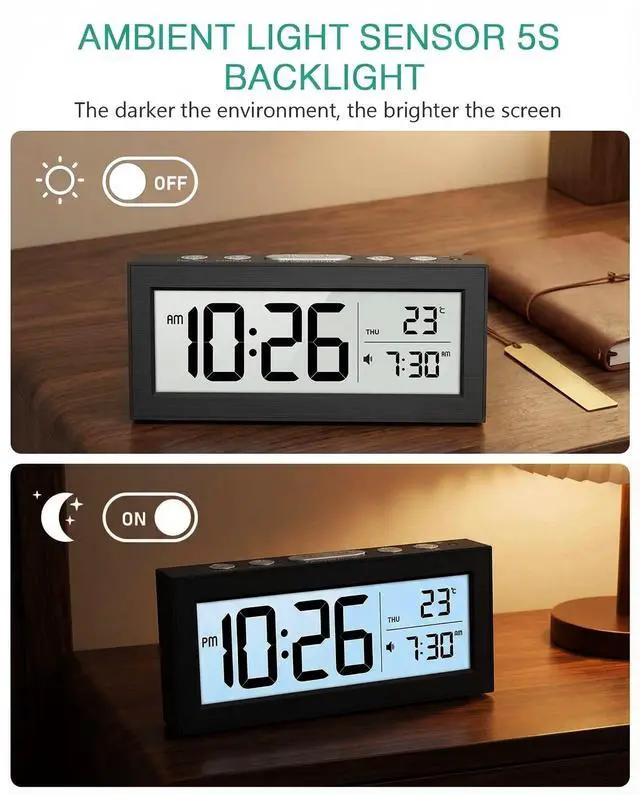 Alt view image 3 of 6 - Battery Operated Digital Clock, Digital Alarm Clocks for Bedrooms with Auto Dimmer, Large LCD Display, Indoor Temp & Date, Small Desk Clock for Kids, Teens, Seniors, Batteries Included