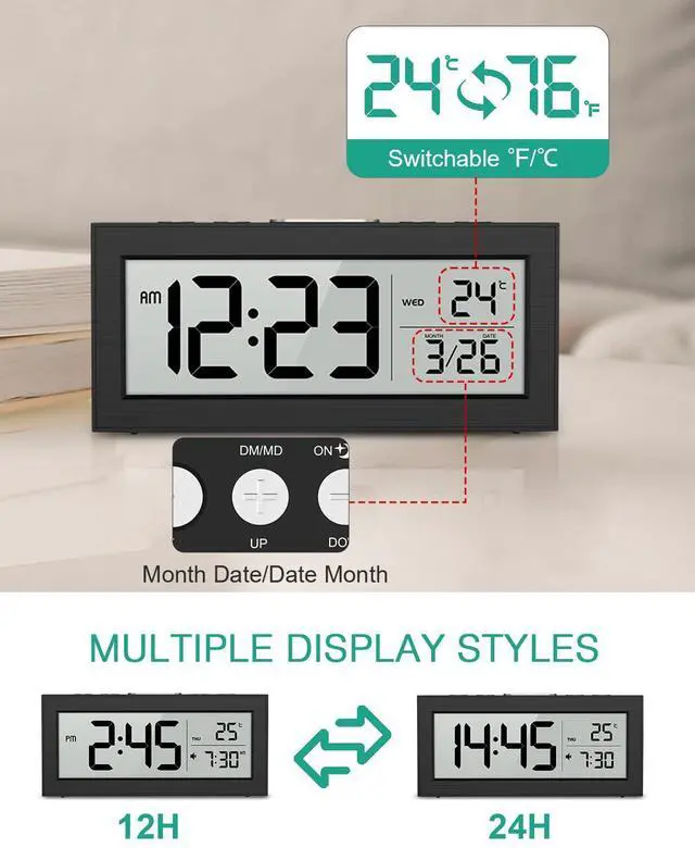 Alt view image 5 of 6 - Battery Operated Digital Clock, Digital Alarm Clocks for Bedrooms with Auto Dimmer, Large LCD Display, Indoor Temp & Date, Small Desk Clock for Kids, Teens, Seniors, Batteries Included
