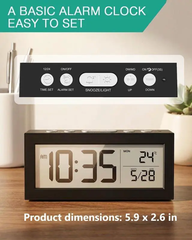 Alt view image 6 of 6 - Battery Operated Digital Clock, Digital Alarm Clocks for Bedrooms with Auto Dimmer, Large LCD Display, Indoor Temp & Date, Small Desk Clock for Kids, Teens, Seniors, Batteries Included