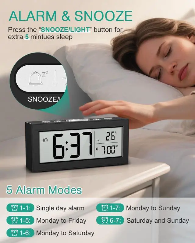 Alt view image 4 of 6 - Battery Operated Digital Clock, Digital Alarm Clocks for Bedrooms with Auto Dimmer, Large LCD Display, Indoor Temp & Date, Small Desk Clock for Kids, Teens, Seniors, Batteries Included