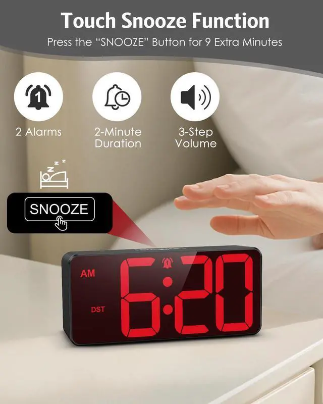 Alt view image 5 of 6 - Digital Alarm Clock, Battery Operated Digital Clock for Travel, Small Cordless Battery Clock for Bedrooms, LED Large-Digit 4 Dimmers Alarm Clock for Heavy Sleepers (Batteries Not Included)