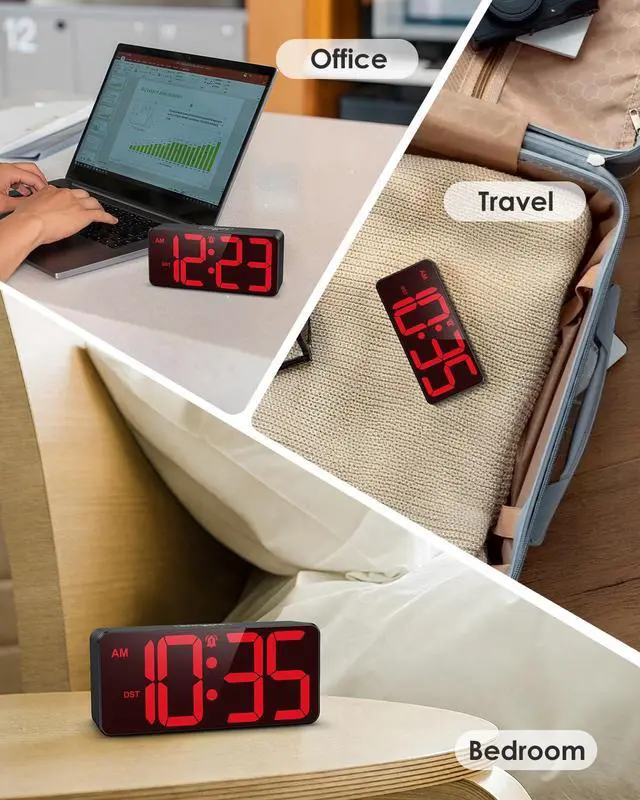 Alt view image 6 of 6 - Digital Alarm Clock, Battery Operated Digital Clock for Travel, Small Cordless Battery Clock for Bedrooms, LED Large-Digit 4 Dimmers Alarm Clock for Heavy Sleepers (Batteries Not Included)