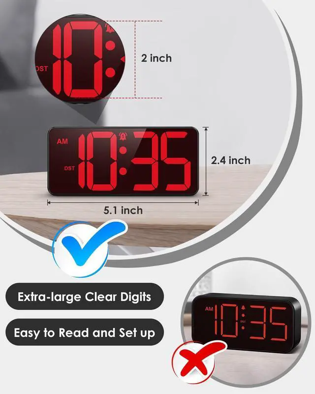 Alt view image 2 of 6 - Digital Alarm Clock, Battery Operated Digital Clock for Travel, Small Cordless Battery Clock for Bedrooms, LED Large-Digit 4 Dimmers Alarm Clock for Heavy Sleepers (Batteries Not Included)