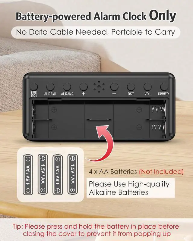 Alt view image 3 of 6 - Digital Alarm Clock, Battery Operated Digital Clock for Travel, Small Cordless Battery Clock for Bedrooms, LED Large-Digit 4 Dimmers Alarm Clock for Heavy Sleepers (Batteries Not Included)