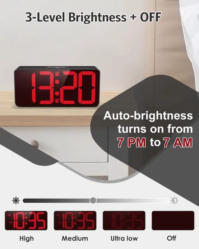 Alt view image 4 of 6 - Digital Alarm Clock, Battery Operated Digital Clock for Travel, Small Cordless Battery Clock for Bedrooms, LED Large-Digit 4 Dimmers Alarm Clock for Heavy Sleepers (Batteries Not Included)