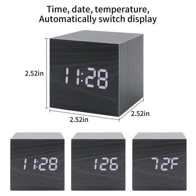 Alt view image 3 of 6 - Wooden Digital Alarm Clocks for Bedrooms - Small LED Clock with, DC Port, Temperature, Snooze, DST, Wood Décor, Adapter Powered
