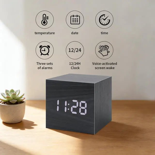 Alt view image 2 of 6 - Wooden Digital Alarm Clocks for Bedrooms - Small LED Clock with, DC Port, Temperature, Snooze, DST, Wood Décor, Adapter Powered