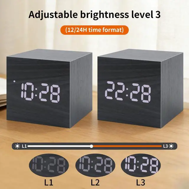 Alt view image 4 of 6 - Wooden Digital Alarm Clocks for Bedrooms - Small LED Clock with, DC Port, Temperature, Snooze, DST, Wood Décor, Adapter Powered