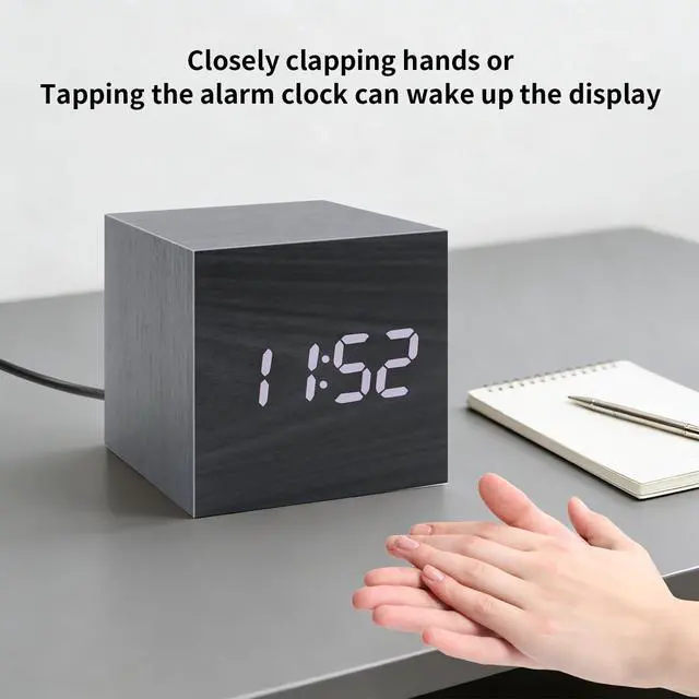 Alt view image 6 of 6 - Wooden Digital Alarm Clocks for Bedrooms - Small LED Clock with, DC Port, Temperature, Snooze, DST, Wood Décor, Adapter Powered