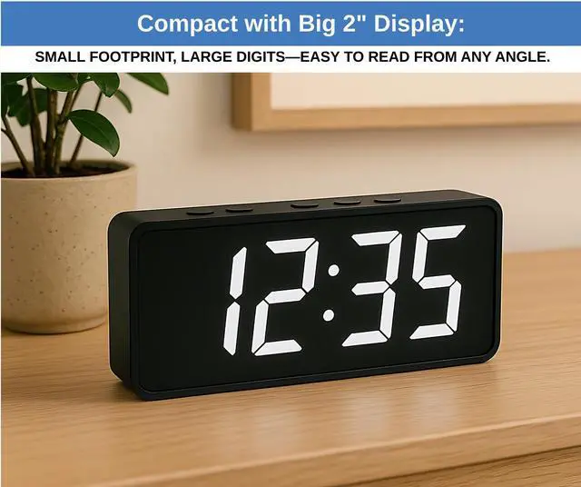 Alt view image 2 of 6 - Digital Alarm Clock with Large 2 LCD White Digits | Compact Bedside Clock with Dual Alarms, Snooze, 3 Brightness Levels, Temperature Display in °F/°C, Battery Backup