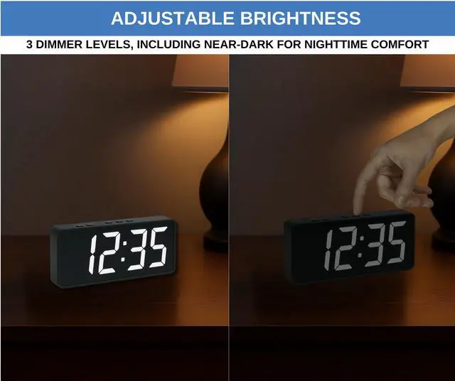 Alt view image 4 of 6 - Digital Alarm Clock with Large 2 LCD White Digits | Compact Bedside Clock with Dual Alarms, Snooze, 3 Brightness Levels, Temperature Display in °F/°C, Battery Backup