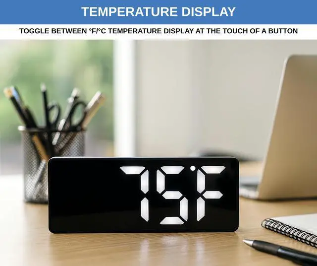 Alt view image 5 of 6 - Digital Alarm Clock with Large 2 LCD White Digits | Compact Bedside Clock with Dual Alarms, Snooze, 3 Brightness Levels, Temperature Display in °F/°C, Battery Backup