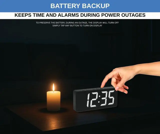 Alt view image 6 of 6 - Digital Alarm Clock with Large 2 LCD White Digits | Compact Bedside Clock with Dual Alarms, Snooze, 3 Brightness Levels, Temperature Display in °F/°C, Battery Backup