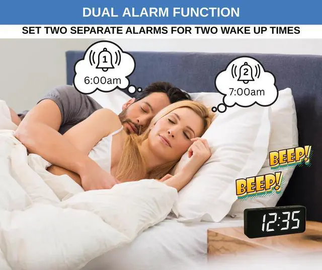 Alt view image 3 of 6 - Digital Alarm Clock with Large 2 LCD White Digits | Compact Bedside Clock with Dual Alarms, Snooze, 3 Brightness Levels, Temperature Display in °F/°C, Battery Backup