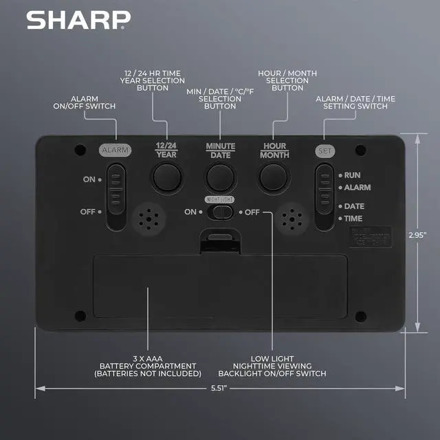 Main image of Alarm Clock with Indoor Temperature, Nightlight, Calendar, Battery Operated Digital Small Clock for Bedrooms or Travel, Black (SPC5025AMZ)