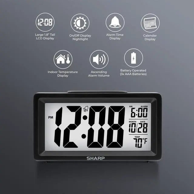 Alt view image 2 of 4 - Alarm Clock with Indoor Temperature, Nightlight, Calendar, Battery Operated Digital Small Clock for Bedrooms or Travel, Black (SPC5025AMZ)