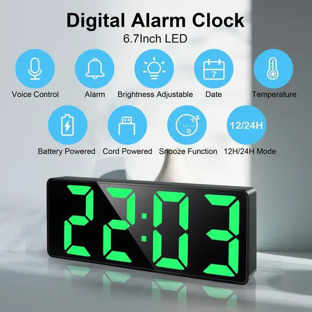 Alt view image 2 of 7 - LED Green Digital Alarm Clock Bedside with 6.7" Large Display, Snooze, Cord/Battery Powered, Adjustable Brightness, Date, Temperature, Table Clock for Heavy Sleepers Bedroom Office