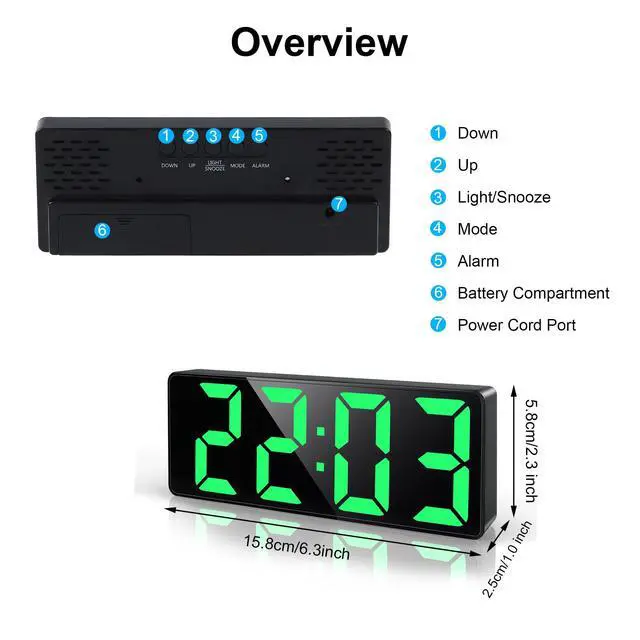 Alt view image 7 of 7 - LED Green Digital Alarm Clock Bedside with 6.7" Large Display, Snooze, Cord/Battery Powered, Adjustable Brightness, Date, Temperature, Table Clock for Heavy Sleepers Bedroom Office