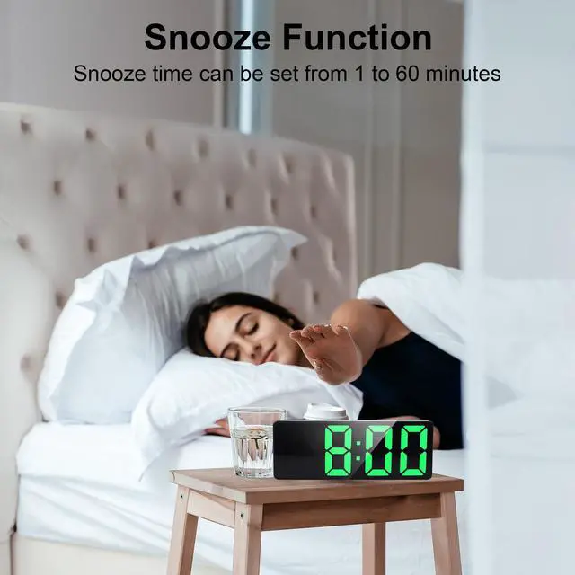 Alt view image 6 of 7 - LED Green Digital Alarm Clock Bedside with 6.7" Large Display, Snooze, Cord/Battery Powered, Adjustable Brightness, Date, Temperature, Table Clock for Heavy Sleepers Bedroom Office