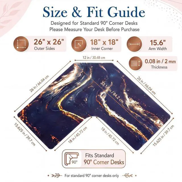 Alt view image 2 of 7 - L Shaped Desk Mat for 90° Corner Desks, 26" x 26" Black Waterproof Mouse Pad with 18" Inner Corner, Non-Slip Rubber Desk Protector for Office & Gaming