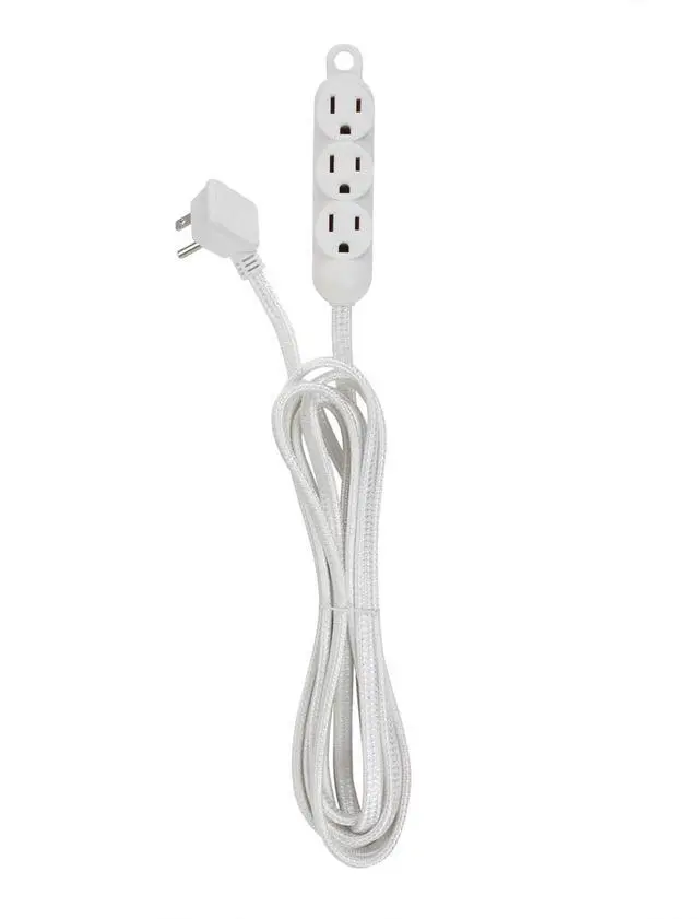 Main image of 22986 12ft Fabric Extension Cord, 3 Grounded Outlets, Right Angle Plug, Integrated Hanging Hook, White, Home Decor, Modern Electronic Accessories, Indoor Power Cable