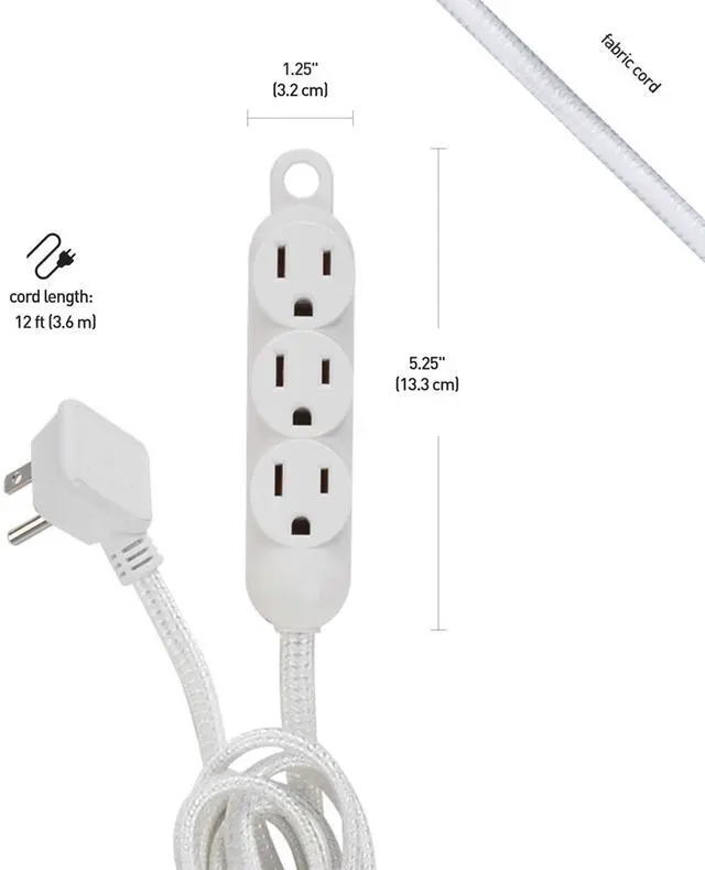 Alt view image 6 of 7 - 22986 12ft Fabric Extension Cord, 3 Grounded Outlets, Right Angle Plug, Integrated Hanging Hook, White, Home Decor, Modern Electronic Accessories, Indoor Power Cable