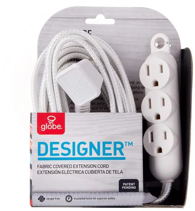 Alt view image 7 of 7 - 22986 12ft Fabric Extension Cord, 3 Grounded Outlets, Right Angle Plug, Integrated Hanging Hook, White, Home Decor, Modern Electronic Accessories, Indoor Power Cable