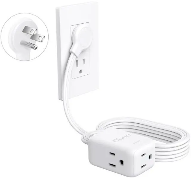 Main image of 10FT Flat Extension Cord, Left Angle Plug & 3 Outlets, Three Prong Cord Extension with Surge Protector, ETL Listed, 13A/1625W, Ultra Thin Plug for Microwave, TV, Laptop, Behind Furniture, White
