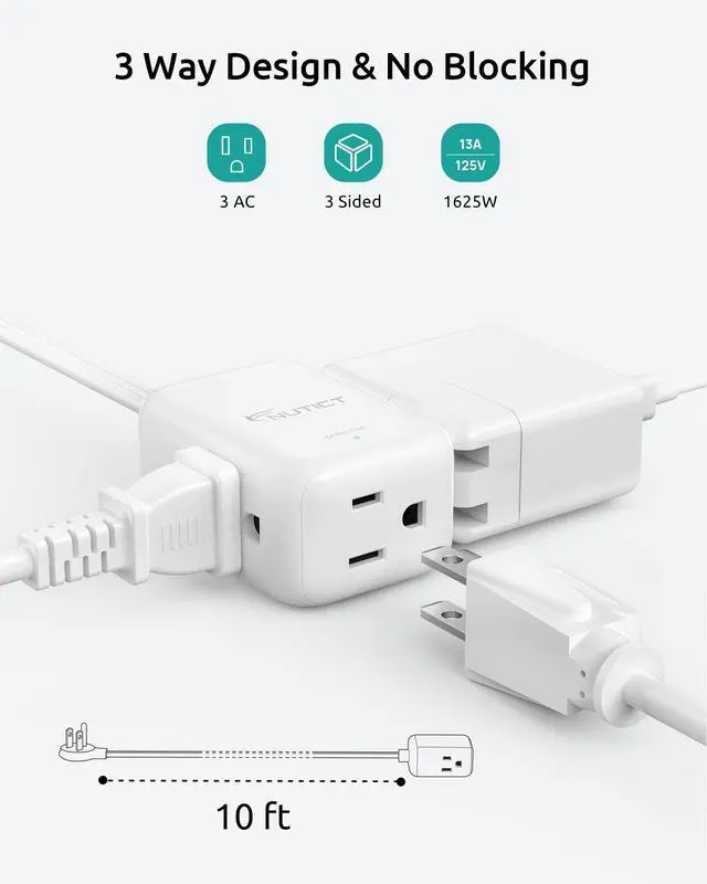 Alt view image 3 of 7 - 10FT Flat Extension Cord, Left Angle Plug & 3 Outlets, Three Prong Cord Extension with Surge Protector, ETL Listed, 13A/1625W, Ultra Thin Plug for Microwave, TV, Laptop, Behind Furniture, White