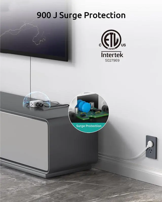 Alt view image 5 of 7 - 10FT Flat Extension Cord, Left Angle Plug & 3 Outlets, Three Prong Cord Extension with Surge Protector, ETL Listed, 13A/1625W, Ultra Thin Plug for Microwave, TV, Laptop, Behind Furniture, White