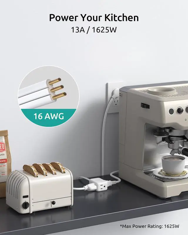 Alt view image 6 of 7 - 10FT Flat Extension Cord, Left Angle Plug & 3 Outlets, Three Prong Cord Extension with Surge Protector, ETL Listed, 13A/1625W, Ultra Thin Plug for Microwave, TV, Laptop, Behind Furniture, White