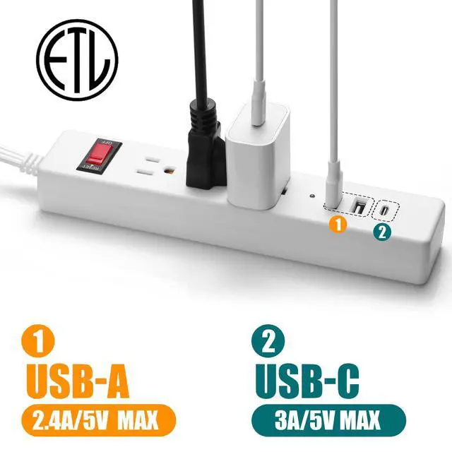 Alt view image 2 of 7 - 6 FT Flat Plug Extension Cord, Power Surge Protector Strip, with 3 AC Outlets and 3 USB Ports(1USB-C), for Behind Bed, Home, Office, Dorm, White